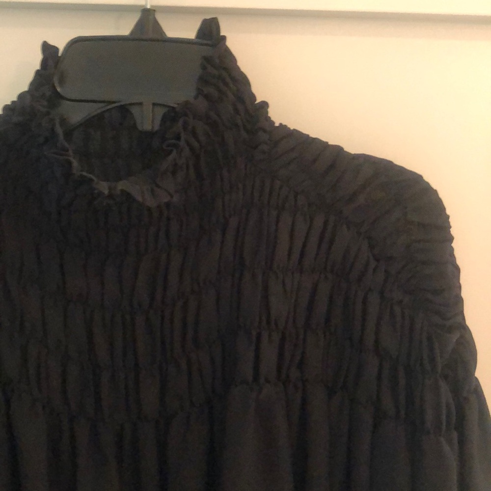 Frame sheer top with elastic detail around the yoke area. Black